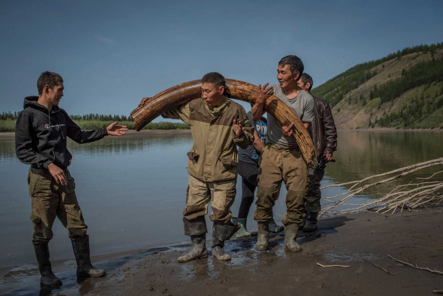 District de Verkhoyansk, République de Sakha (Yakoutie), Russie, juillet 2017. Ces chasseurs de mammouths viennent de découvrir une défense en creusant un tunnel à l'aide de pompes à eau bricolées avec des moteurs de motoneige. Cette année-là, le prix du kilo d'ivoire était de 60 $. Une défense couvre donc à peu près leurs frais d'expédition. Un peu plus tard, l'un des chasseurs m'a dit qu'ils en avaient trouvé une deuxième.
